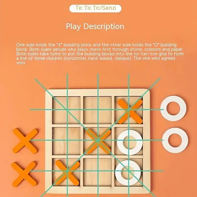 Montessori Chess Play Jigsaw Toy Game Wooden XO Tic Tac Toe Game Interaction Puzzles Training Brain Learning Early Education Toy