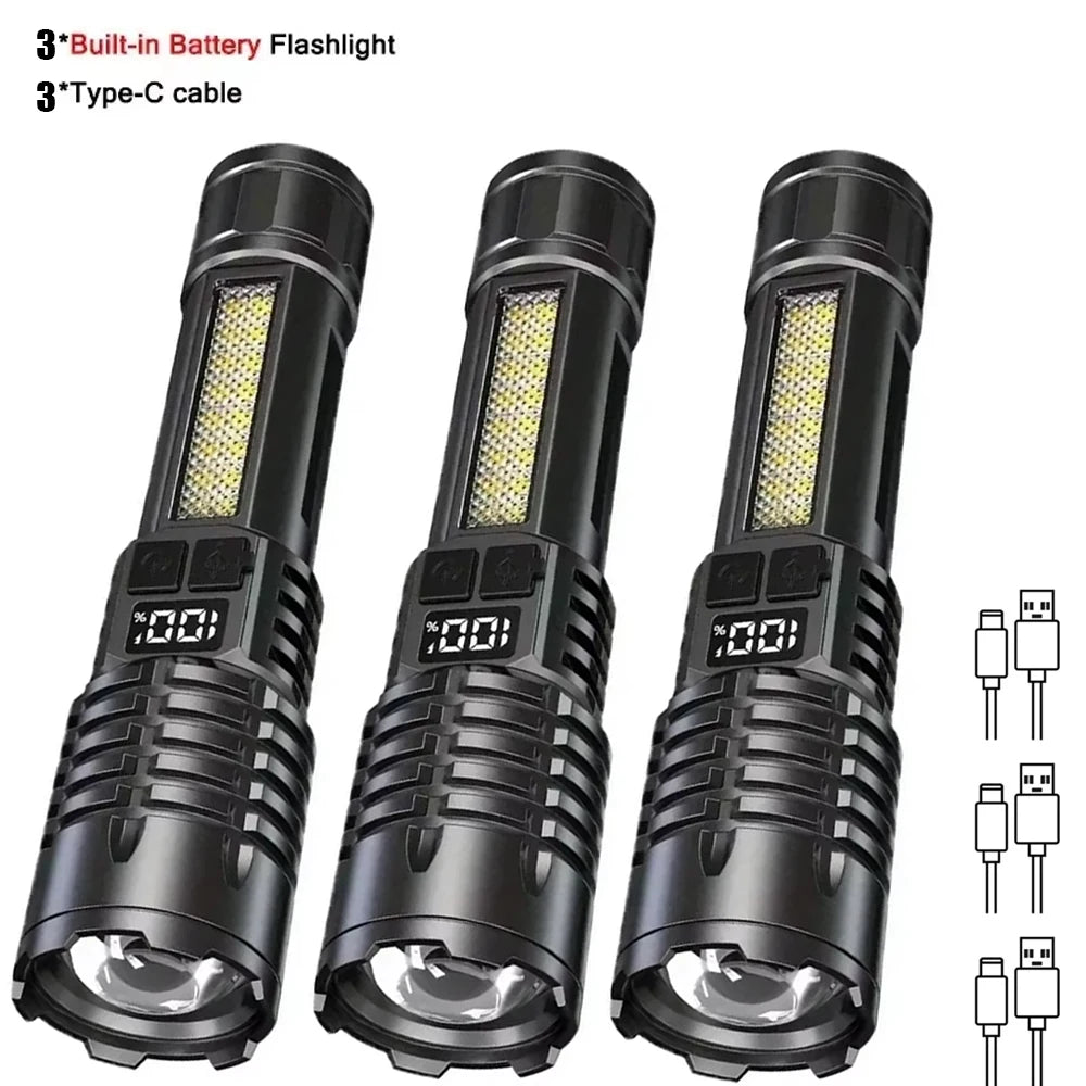 High Power LED Flashlight Portable Zoom Torch Type-C Rechargeable Waterproof Light with COB Side Lamp for Outdoor Camping Hiking
